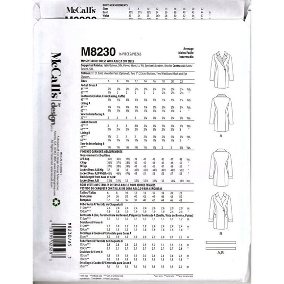 McCalls M8230 Women's Yaya Han Costume Jacket Dress Sewing Pattern-New Sz 14-22 - Picture 2 of 2